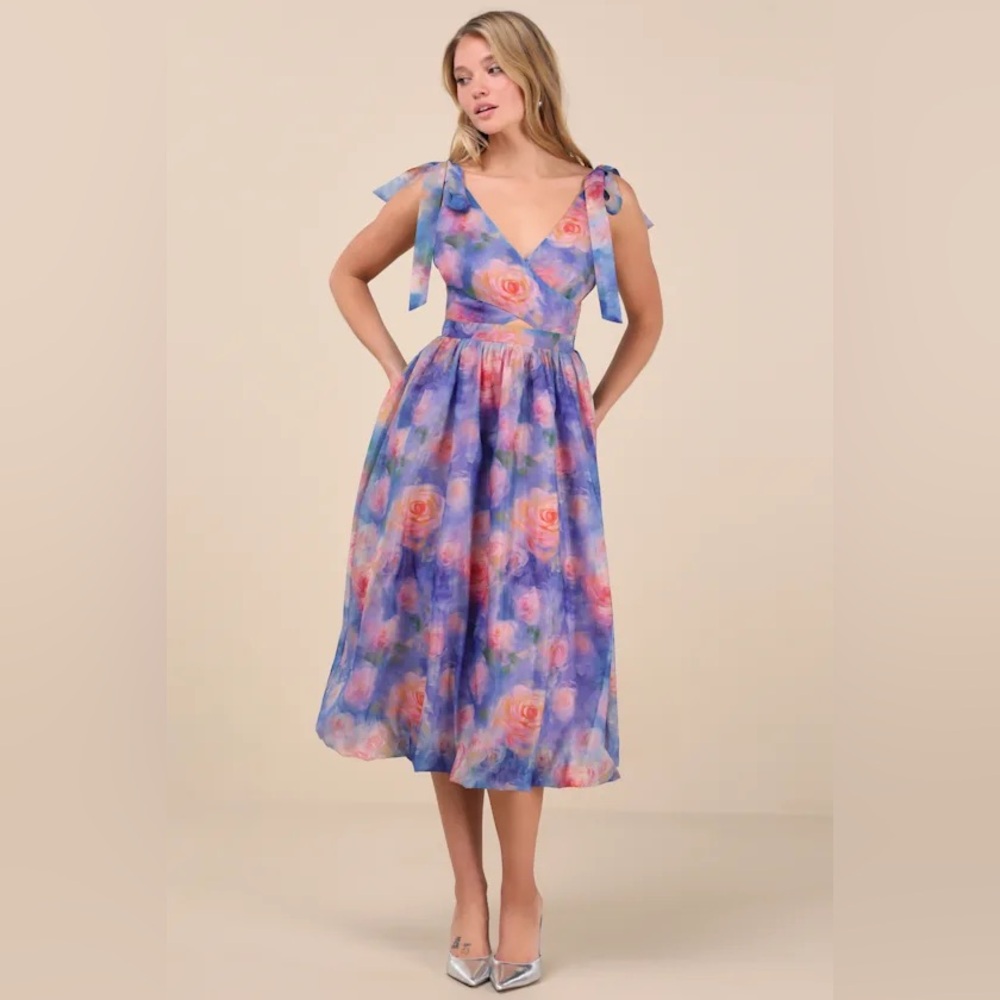 Flowering Day Dream Purple Floral Organza Midi Bubble Dress